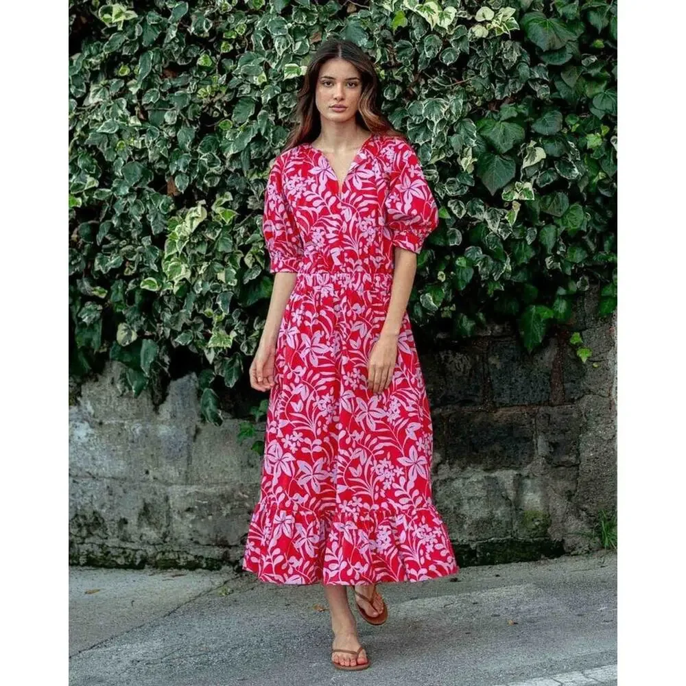 Voyageur by Mersea Hedy Tropical Floral Vine Tiered Midi Maxi Dress Mer Sea XL - Picture 14 of 14